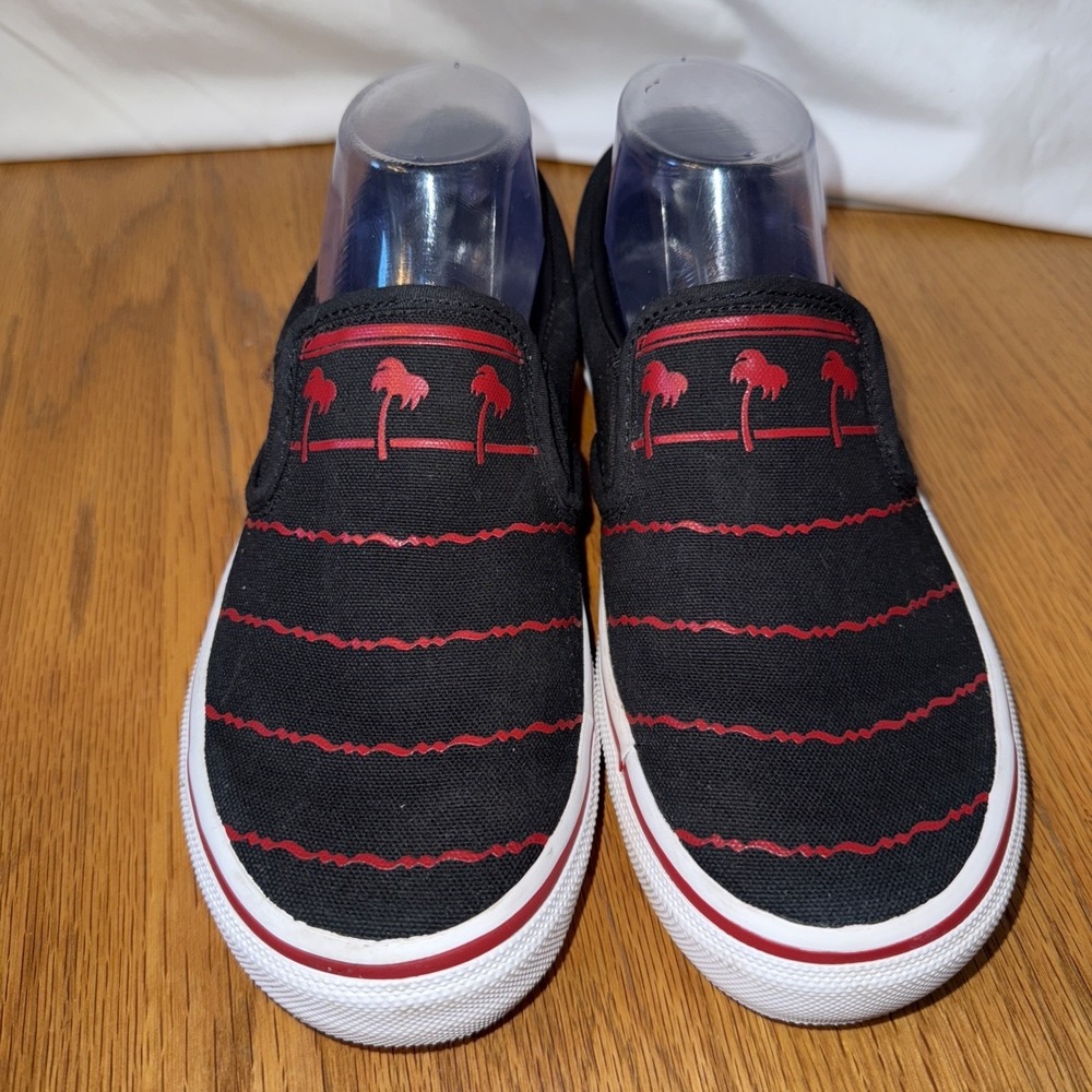 In-N-Out Burger Slip On Sneakers Black Red Palm Tree Pray Hard Mens 7 Womens 8.5